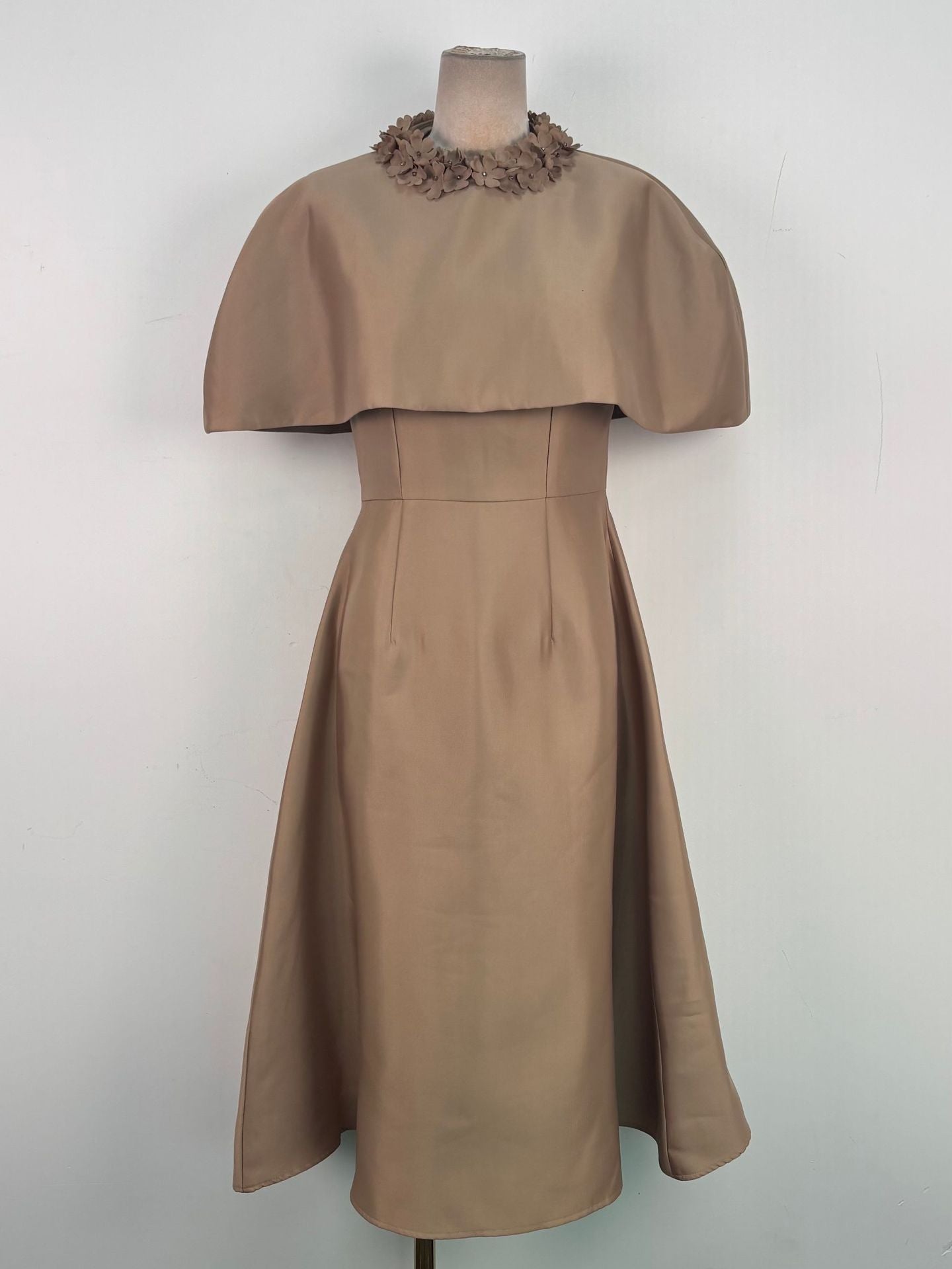 MICHELLE KHAKI SATIN CAPE MIDI DRESS