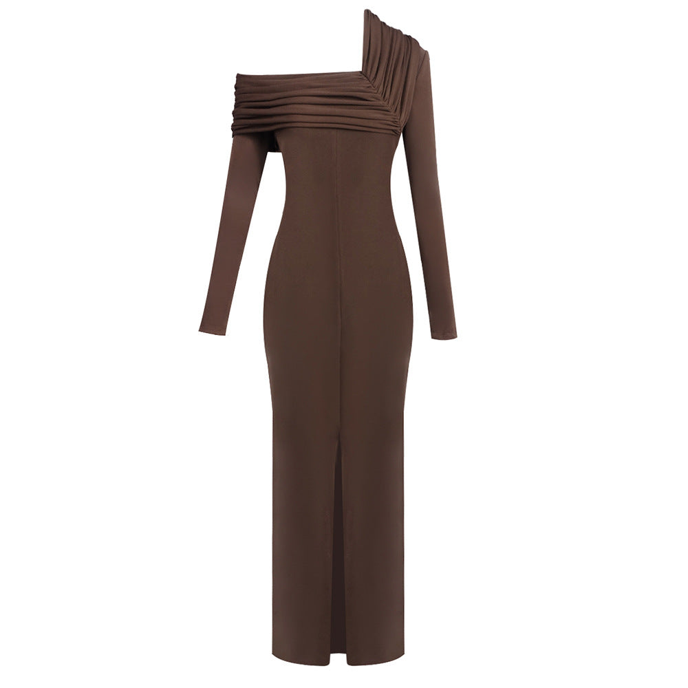 MAUD ONE-SHOULDER PLEATED MAXI DRESS BROWN