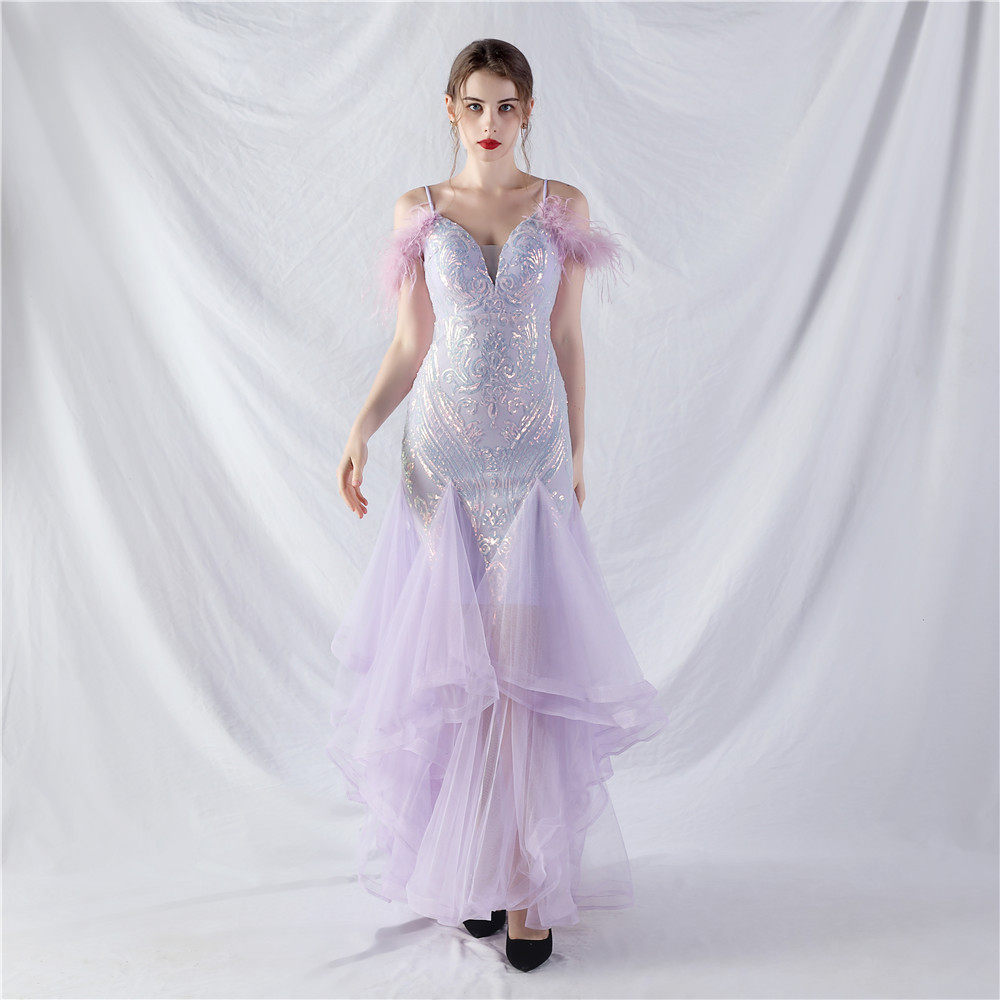 FEATHER SEQUIN STRAPLESS TULLE MAXI DRESS