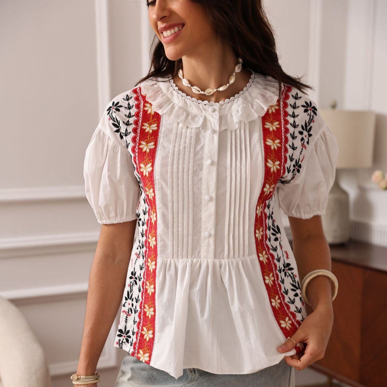 EMBROIDERED LACE HOLLOW TOP, SHORT SLEEVE, CASUAL