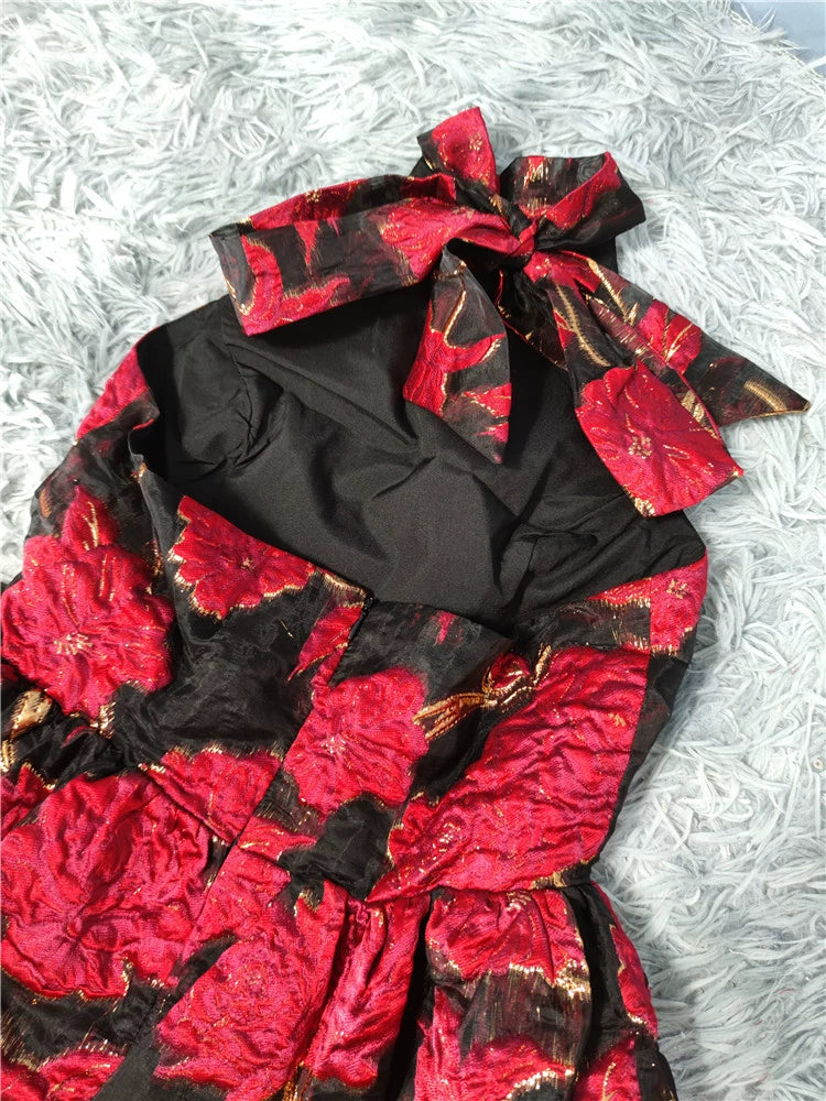 JACQUARD HALTER BACKLESS A-LINE MINI DRESS