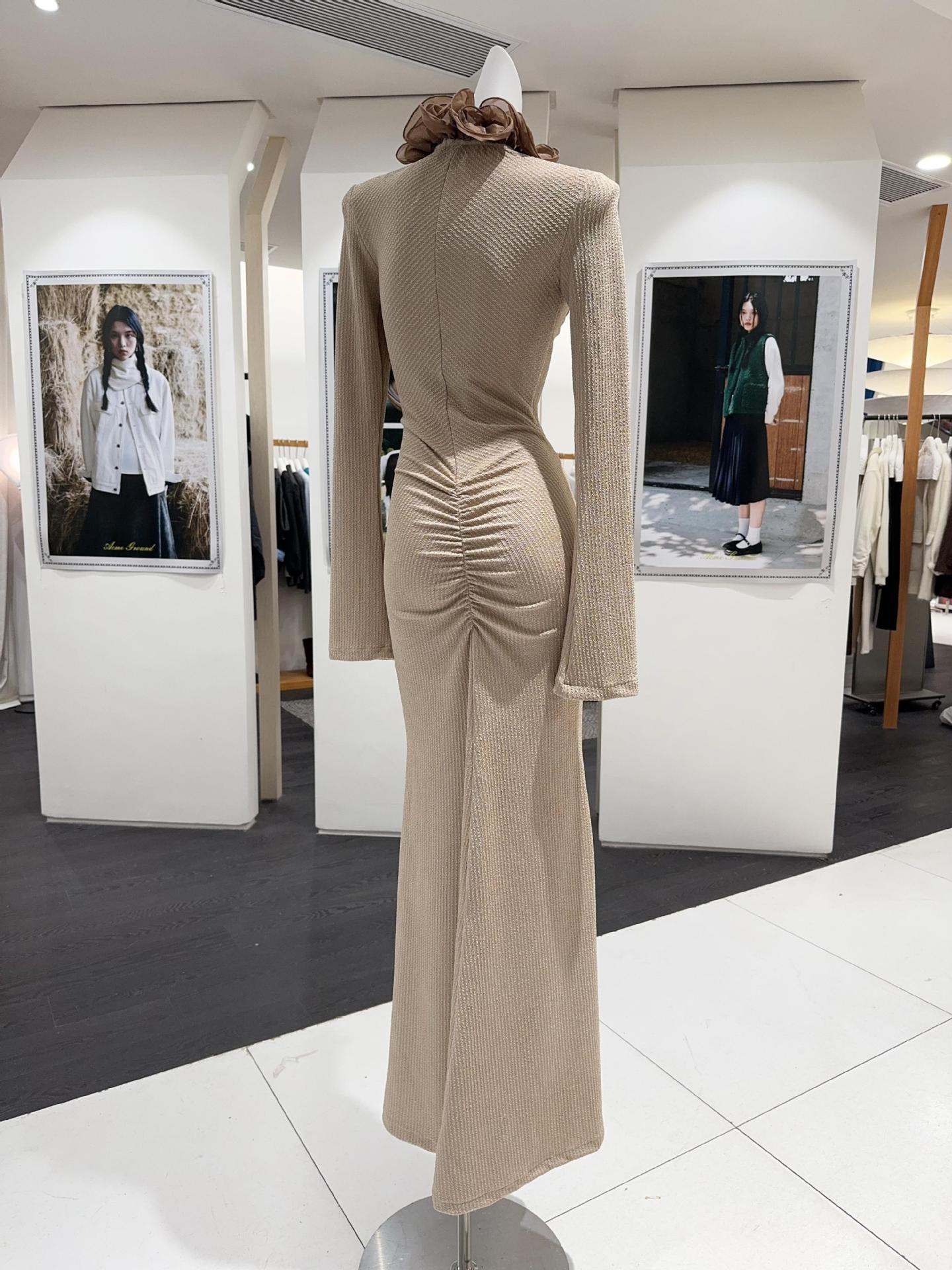 RACHEL CONTOUR RUFFLE KNIT MAXI DRESS, PALE BROWN