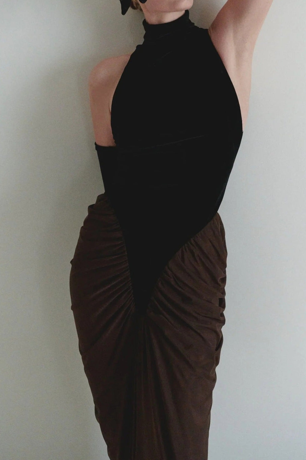 VELVET MESH PATCHWORK MAXI BLACK COCKTAIL DRESS