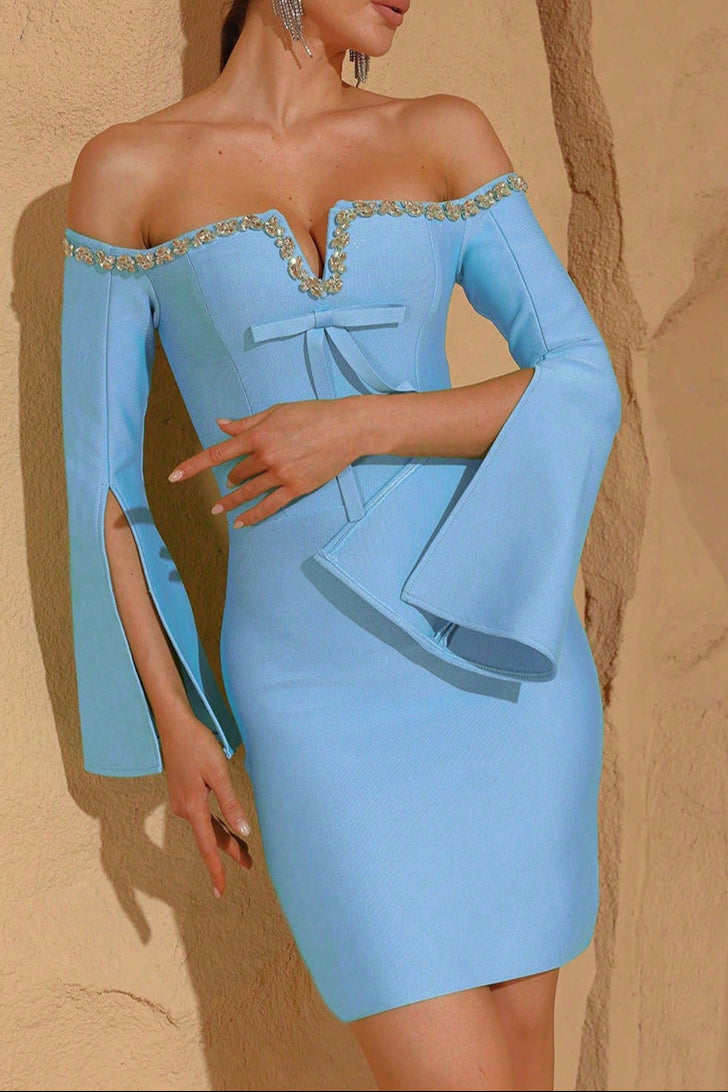DIAMOND BODYCON MINI DRESS, OFF-SHOULDER LONG SLEEVE BLUE