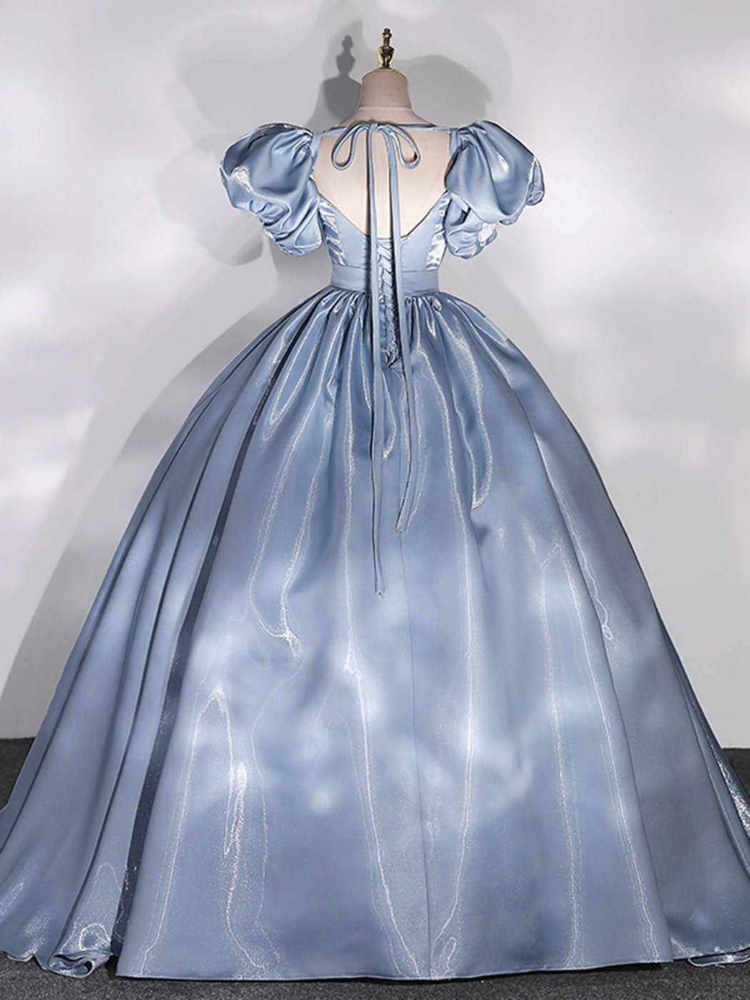 BALL GOWN PUFF SLEEVE BLUE FORMAL DRESS