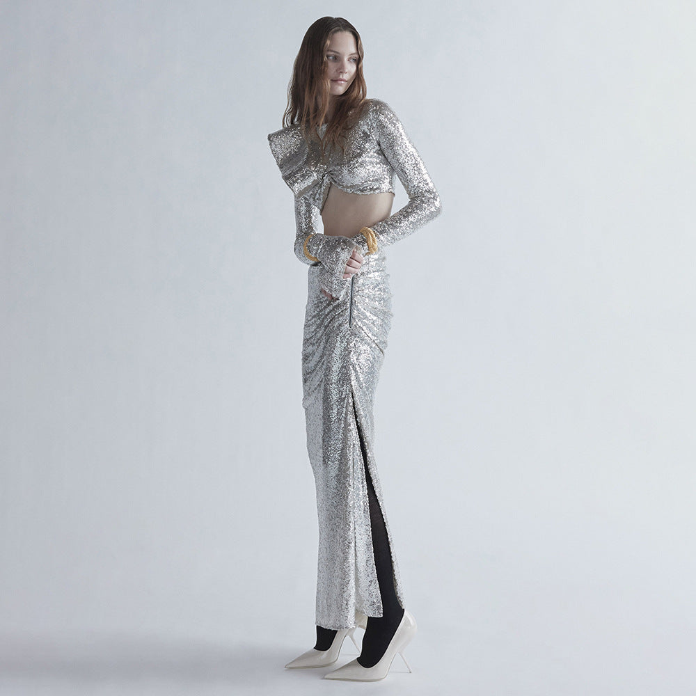SILVER CROP TOP DRAPE SKIRT SET – PARTY OUTFIT