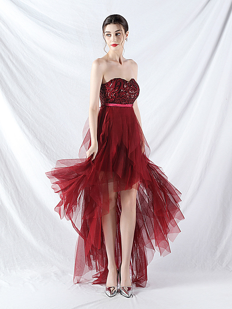 STRAPLESS SEQUIN TULLE MIDI DRESS FOR PARTY