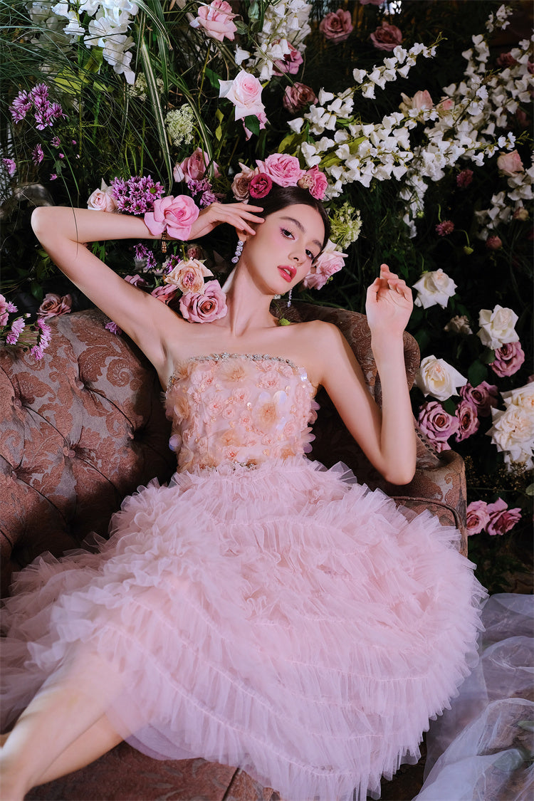 PINK PRINCESS RUFFLE MIDI STRAPLESS FLORAL DRESS