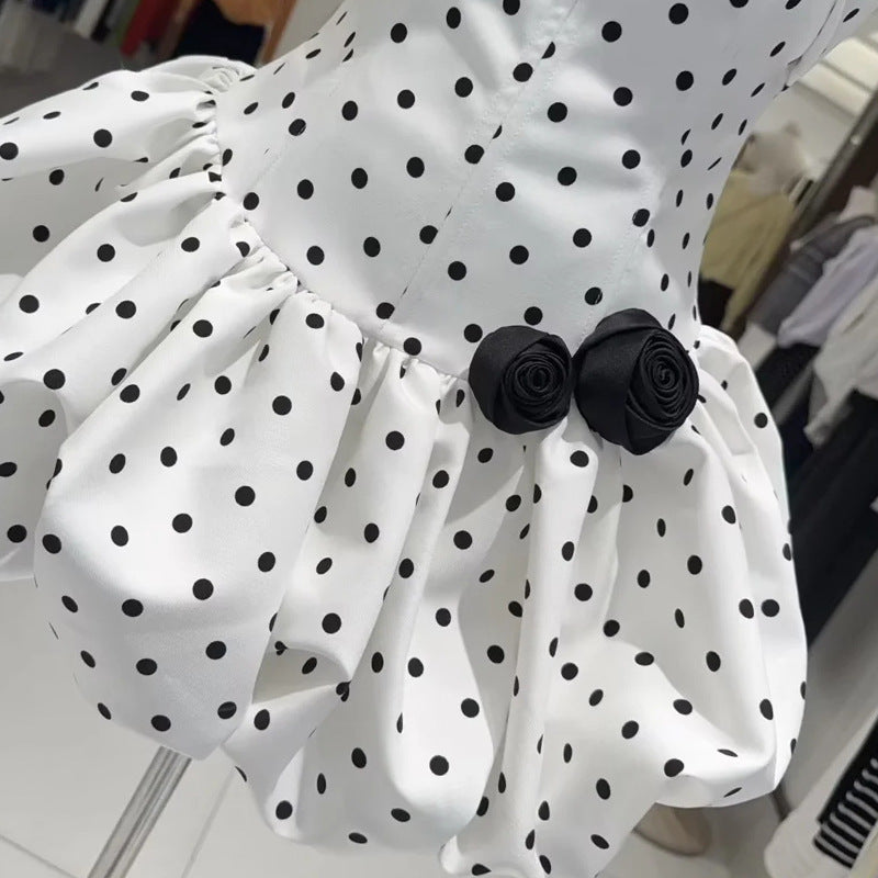 POLKA DOT STRAPLESS CORSET PUFF MINI DRESS WHITE