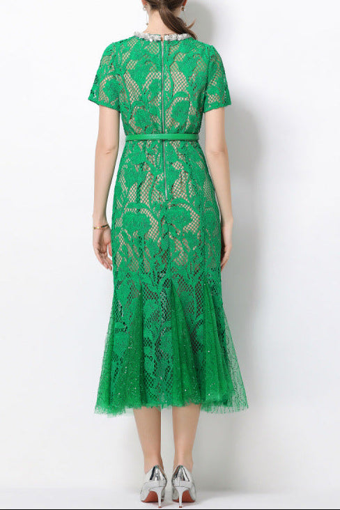 RHINESTONE FLOWER LACE FISHTAIL MIDI DRESS - GREEN