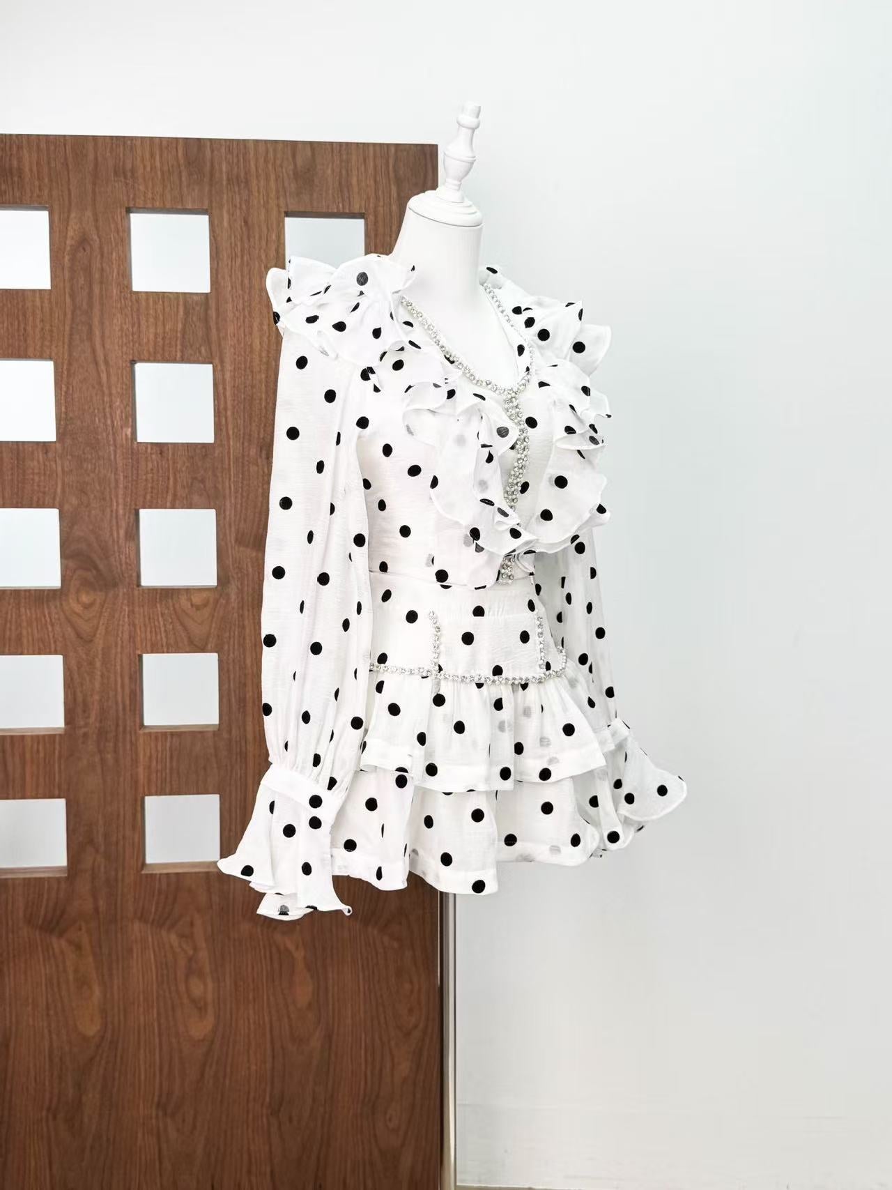 BLACK WHITE POLKA DOT PUFF SLEEVE DRESS FOR PARTY