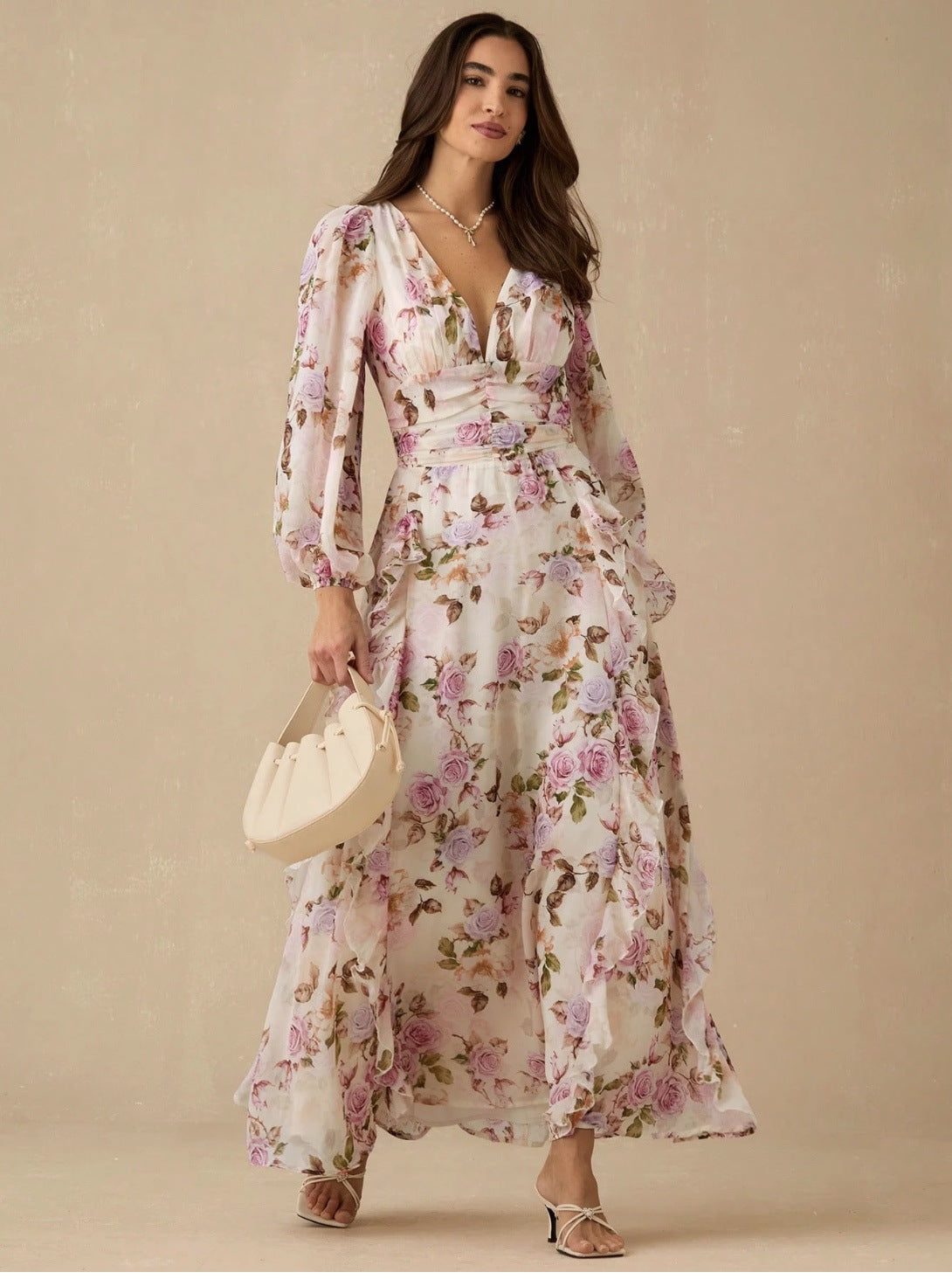 VICTORIA FLORAL V-NECK PUFF SLEEVE MAXI DRESS