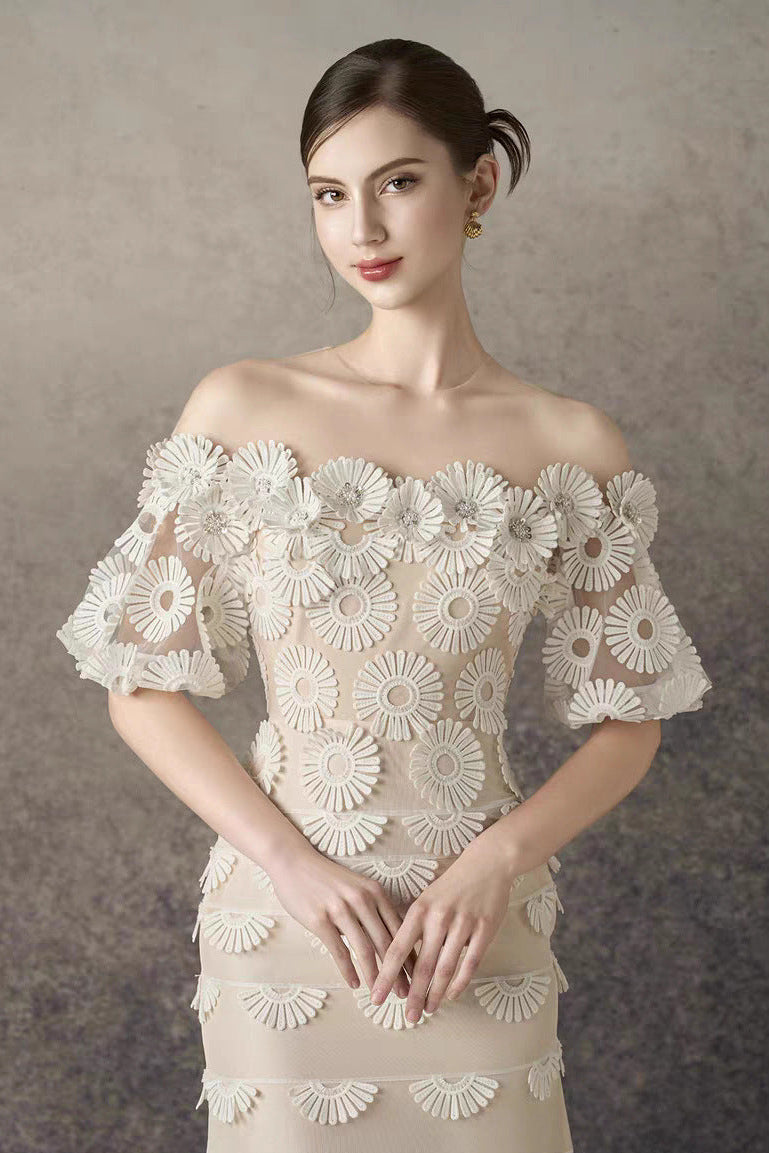 OFF-SHOULDER LACE TIERED MIDI DRESS