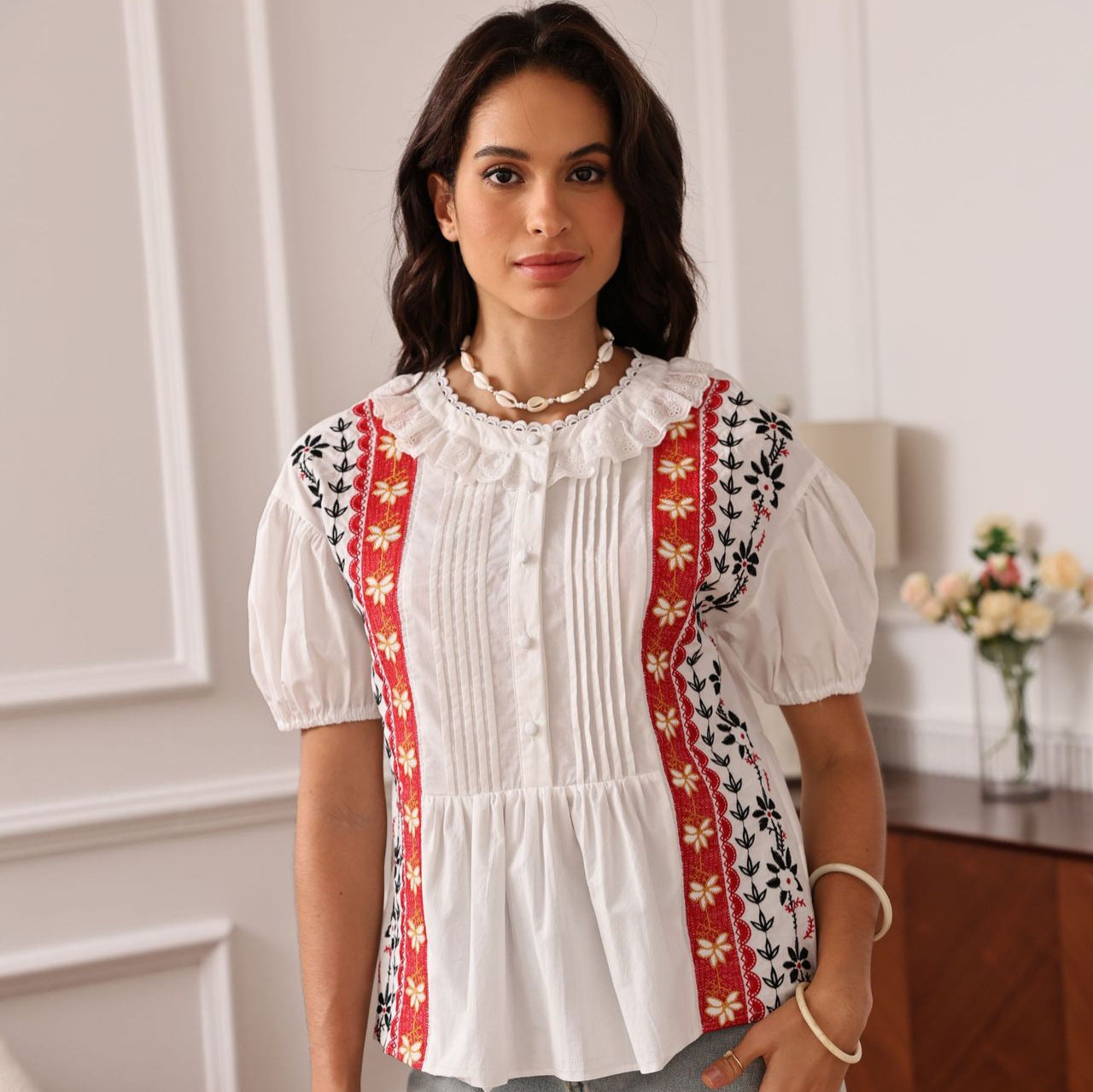 EMBROIDERED LACE HOLLOW TOP, SHORT SLEEVE, CASUAL
