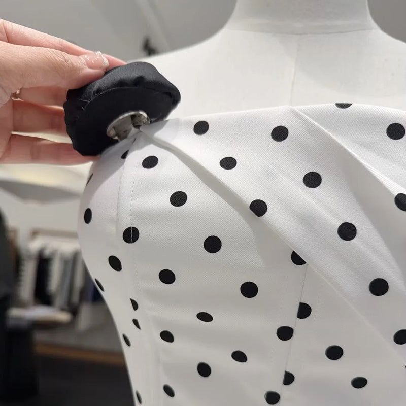POLKA DOT STRAPLESS CORSET PUFF MINI DRESS WHITE