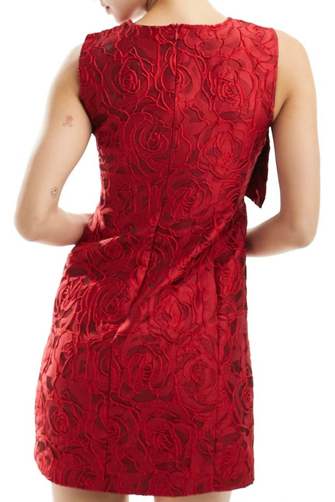 BURGUNDY BOW JACQUARD MINI PARTY DRESS