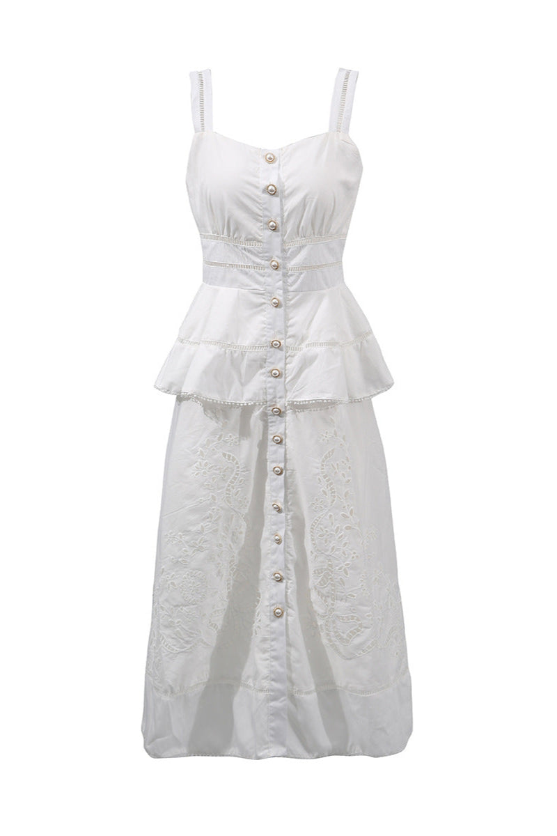 PEPLUM HOLLOW MIDI DRESS BEIGE WEDDING GUEST