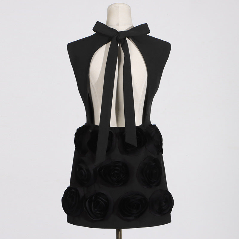 XAVIERA ROSE APPLIQUE MINI DRESS BLACK