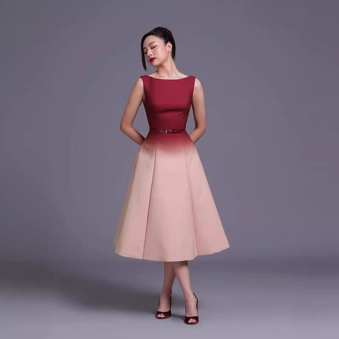 RED PINK GRADIENT SLEEVELESS MIDI DRESS