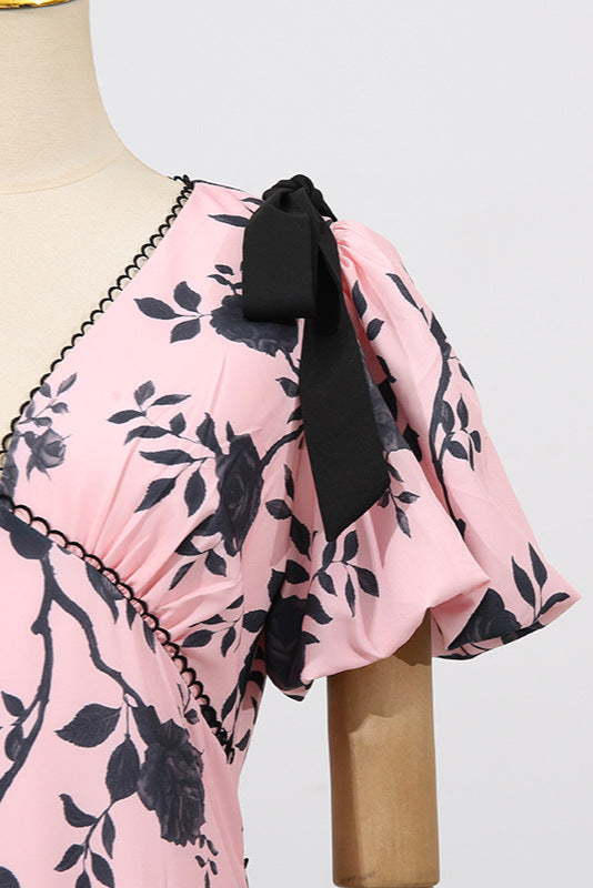 V-NECK SATIN FLORAL MIDI DRESS PINK