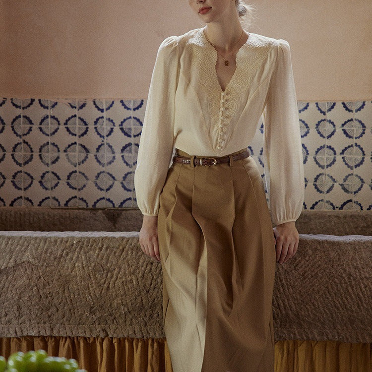CREAM APRICOT V-NECK TOP CASUAL WORK