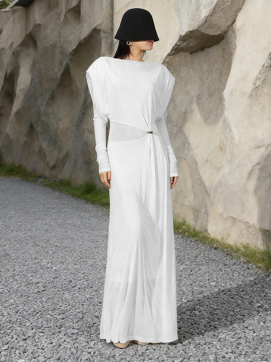 BERYL PLEATED KNIT WHITE MAXI DRESS