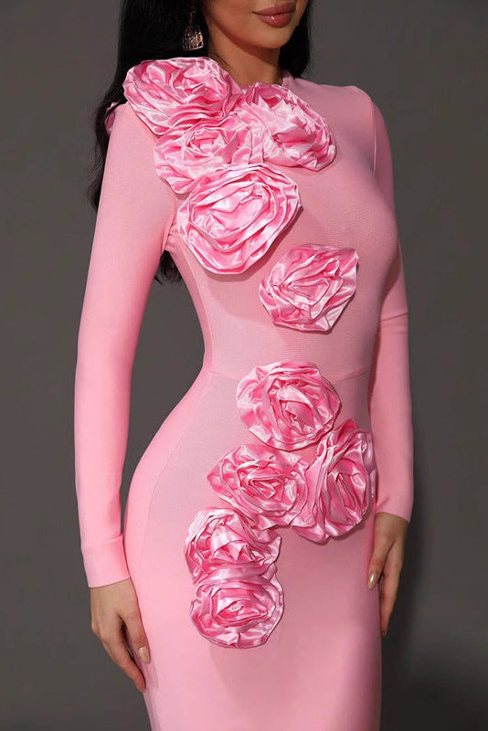 SALLY 3D FLOWER BANDAGE MAXI DRESS PINK