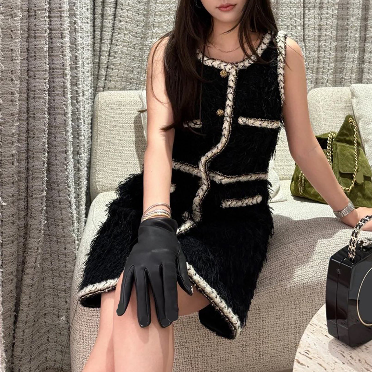 BLACK WOOL TWEED SLEEVELESS MINI COCKTAIL DRESS