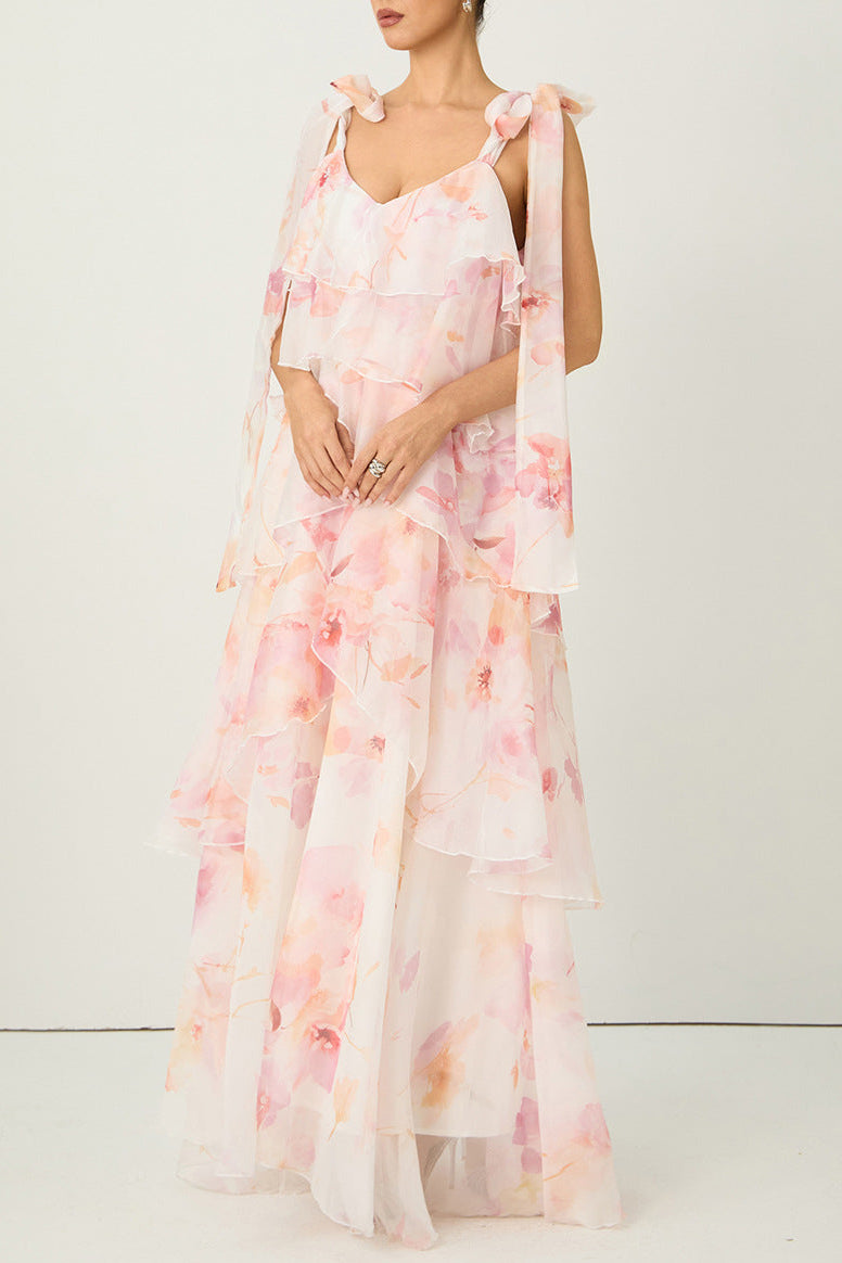 BEVERLY V-NECK STRAPLESS CHIFFON MAXI DRESS PINK