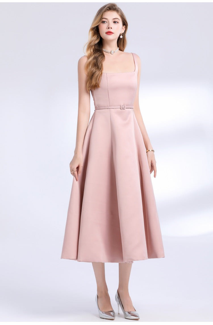 AMELIA SQUARE NECK SATIN SLIP MIDI DRESS PINK
