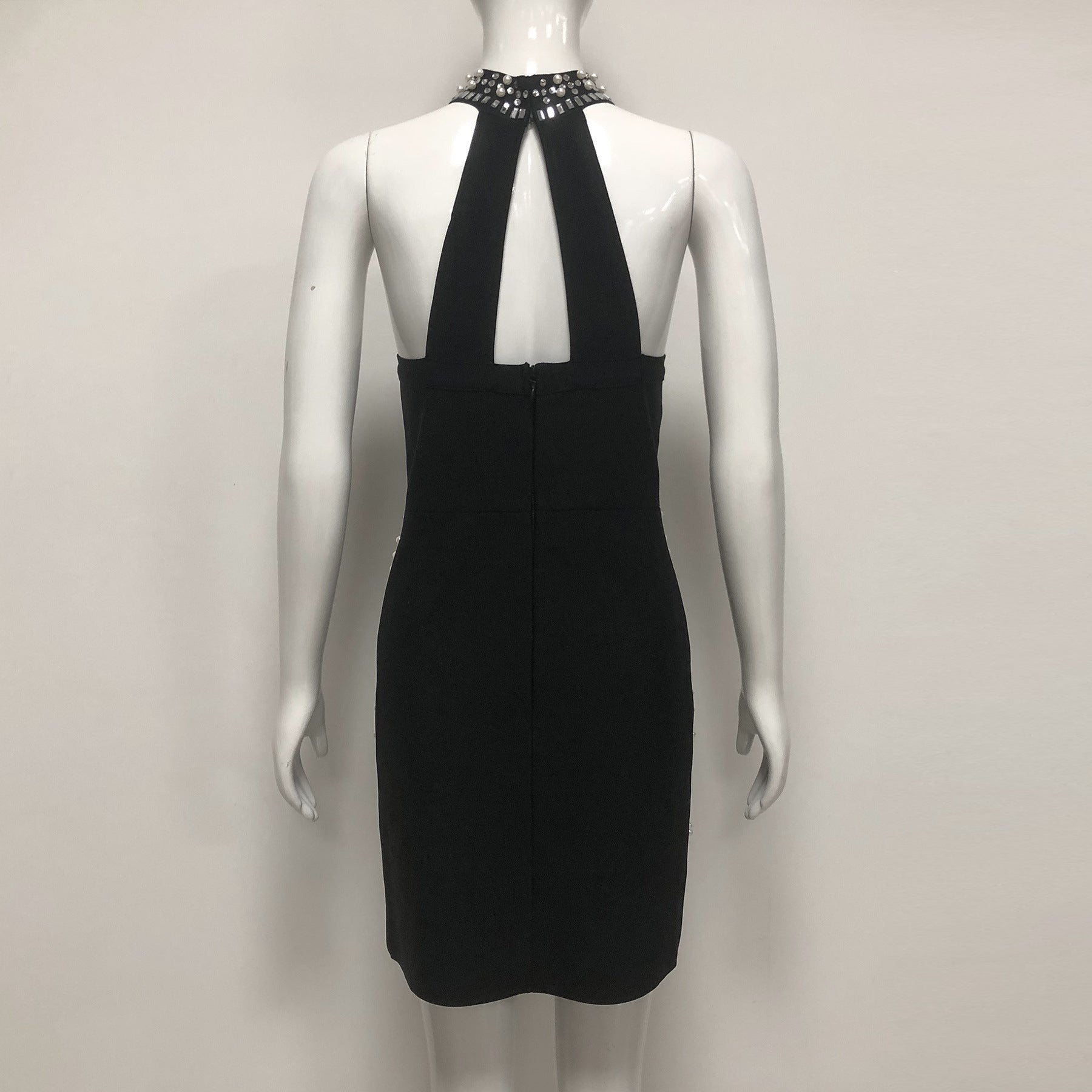 NELLY PEARL RHINESTONE HALTER MINI DRESS BLACK