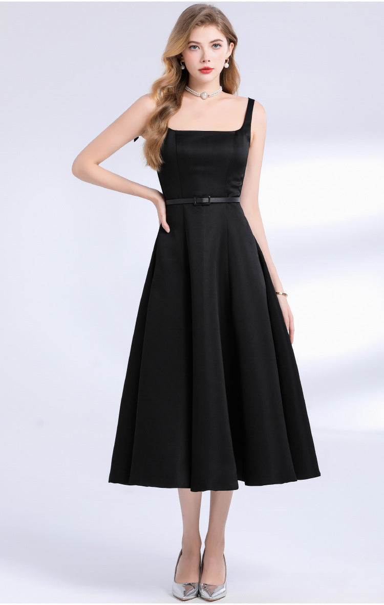 AMELIA SQUARE NECK SATIN SLIP MIDI DRESS - BLACK