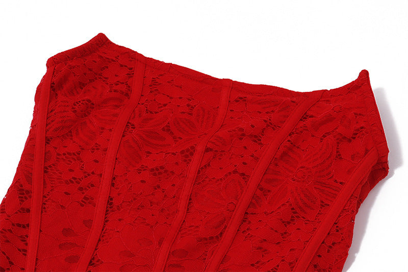 RED STRAPLESS LACE CORSET TUBE MINI DRESS FOR PARTY