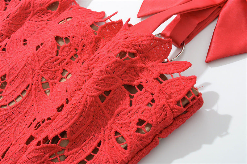 HERMOSA RED EMBROIDERED LACE MAXI DRESS