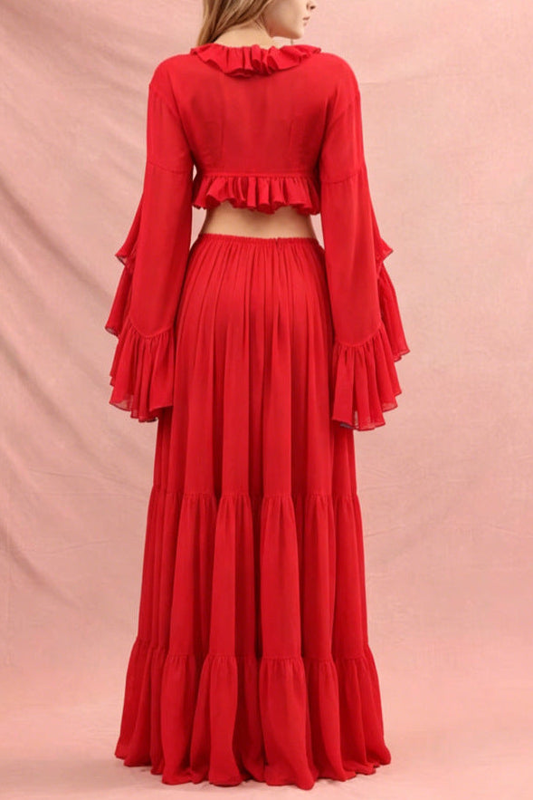 RED RUFFLE CROP CARDIGAN & MAXI SKIRT SET