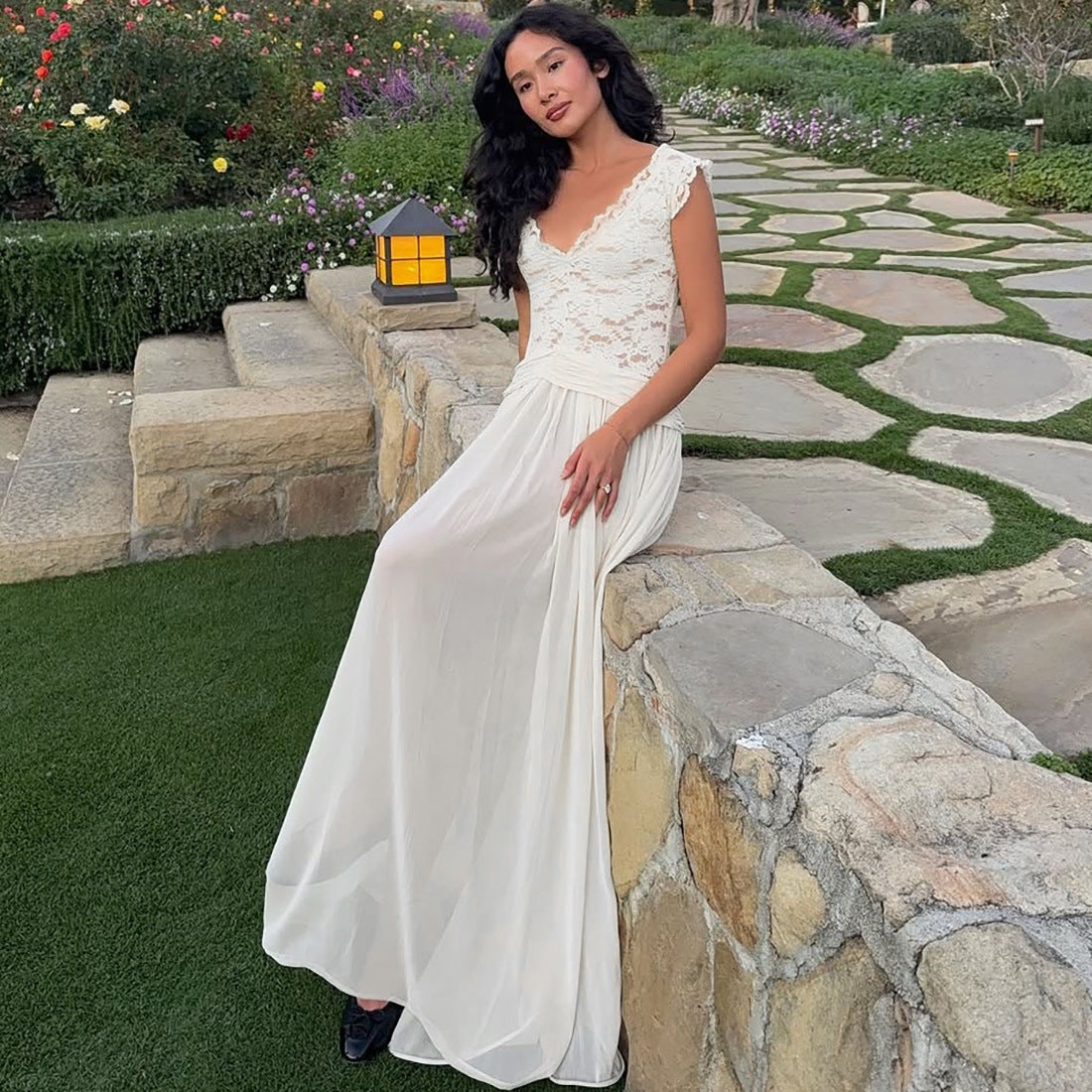 SHEER V-NECK LACE MAXI DRESS, WINTER PARTY STYLE