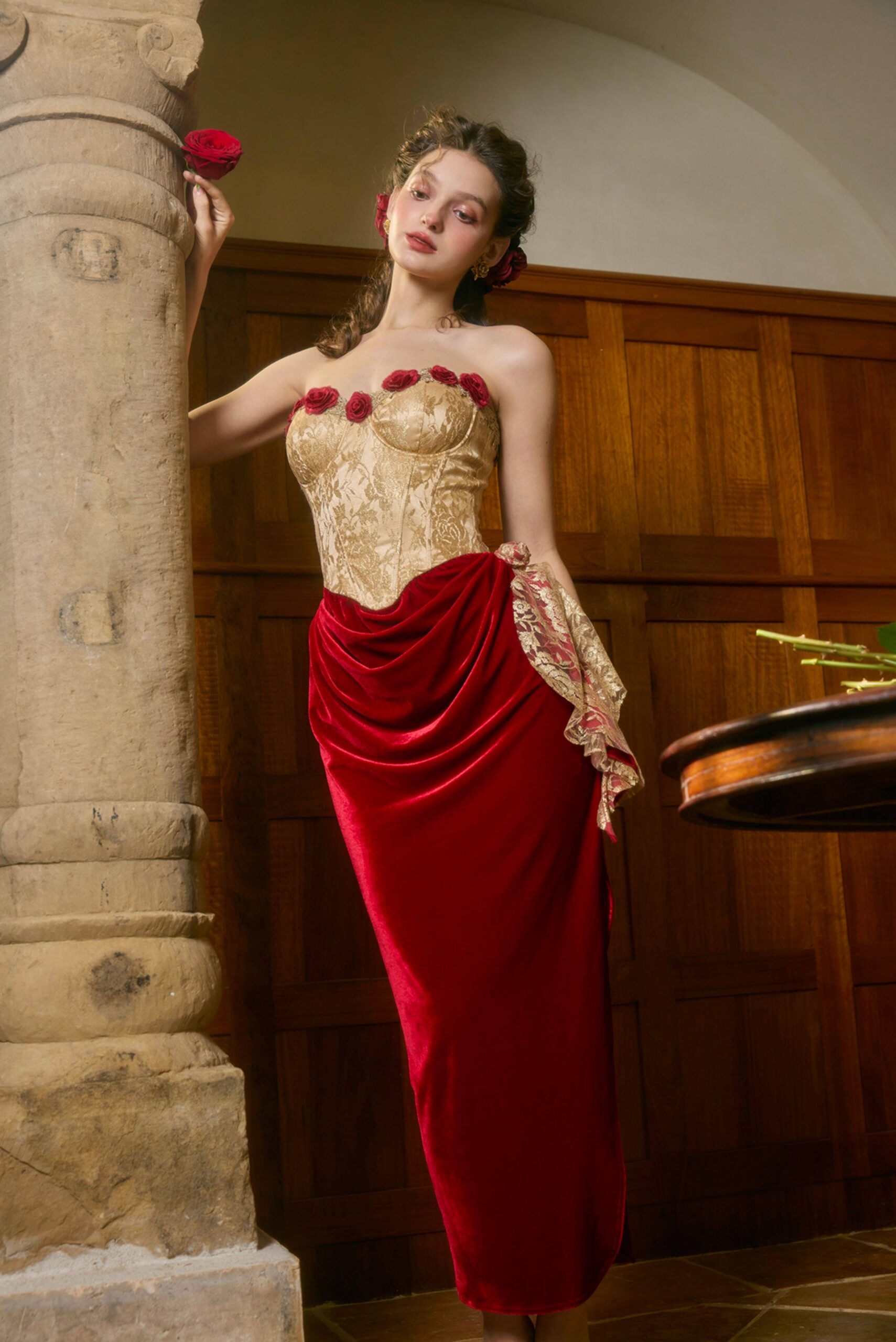 GOLD & RED WILD ROSE CORSET MAXI DRESS