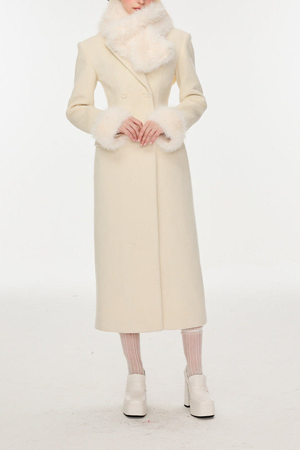 IVORY SLIM FAUX FUR COAT, MIDI WINTER OUTERWEAR