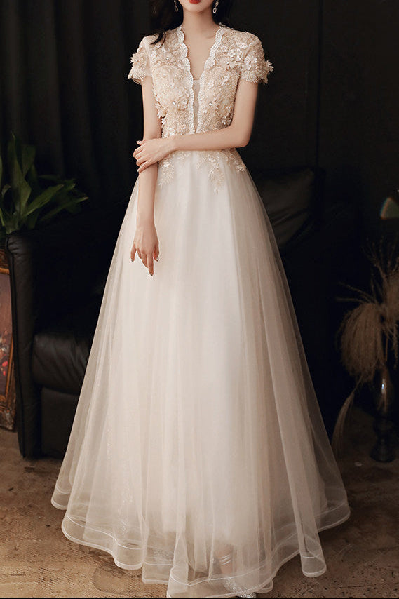 3D FLORAL LACE TULLE EVENING GOWN, FLOOR-LENGTH