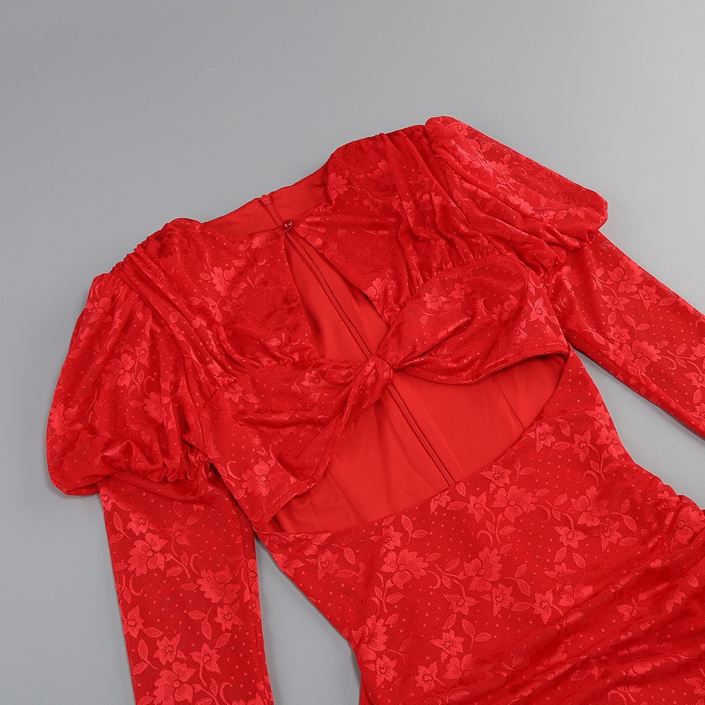 DARIEL FLORAL JACQUARD CUTOUT DRAPED MINI DRESS RED