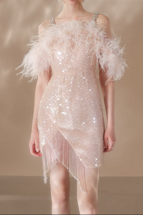 PRISCILLA SEQUIN FEATHER MINI DRESS, PINK