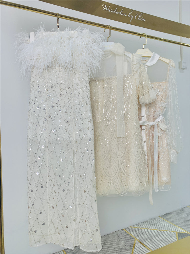 HAUTE COUTURE WHITE FEATHER SEQUIN DRESS