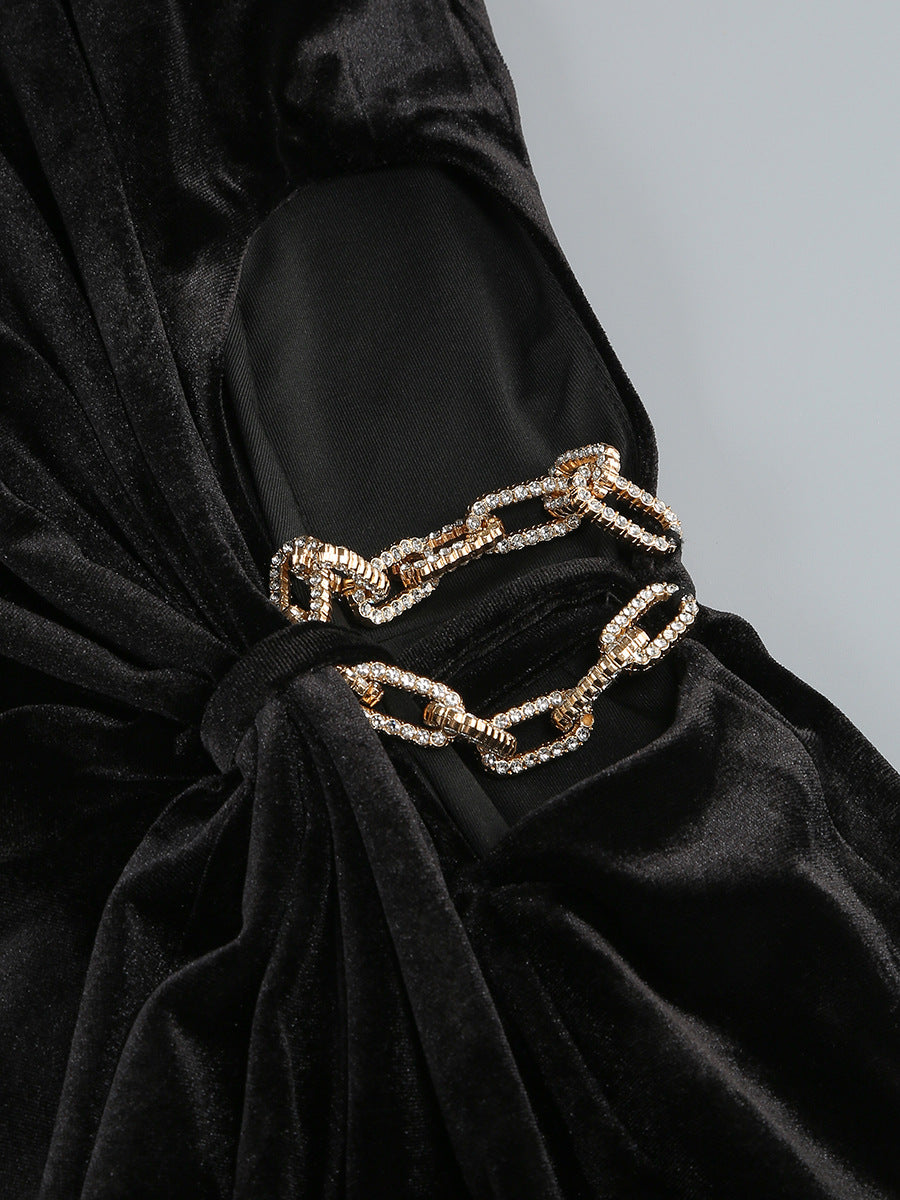 VELVET CRYSTAL MAXI DRESS BLACK FORMAL
