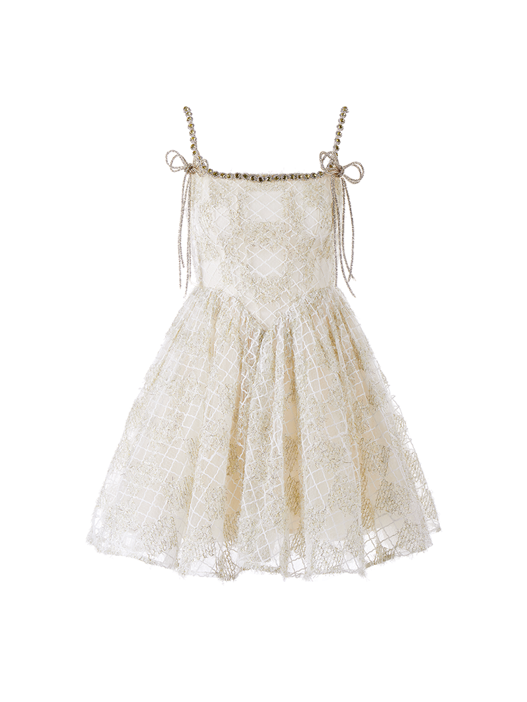 BEIGE SQUARE NECK LACE SLEEVELESS COCKTAIL DRESS