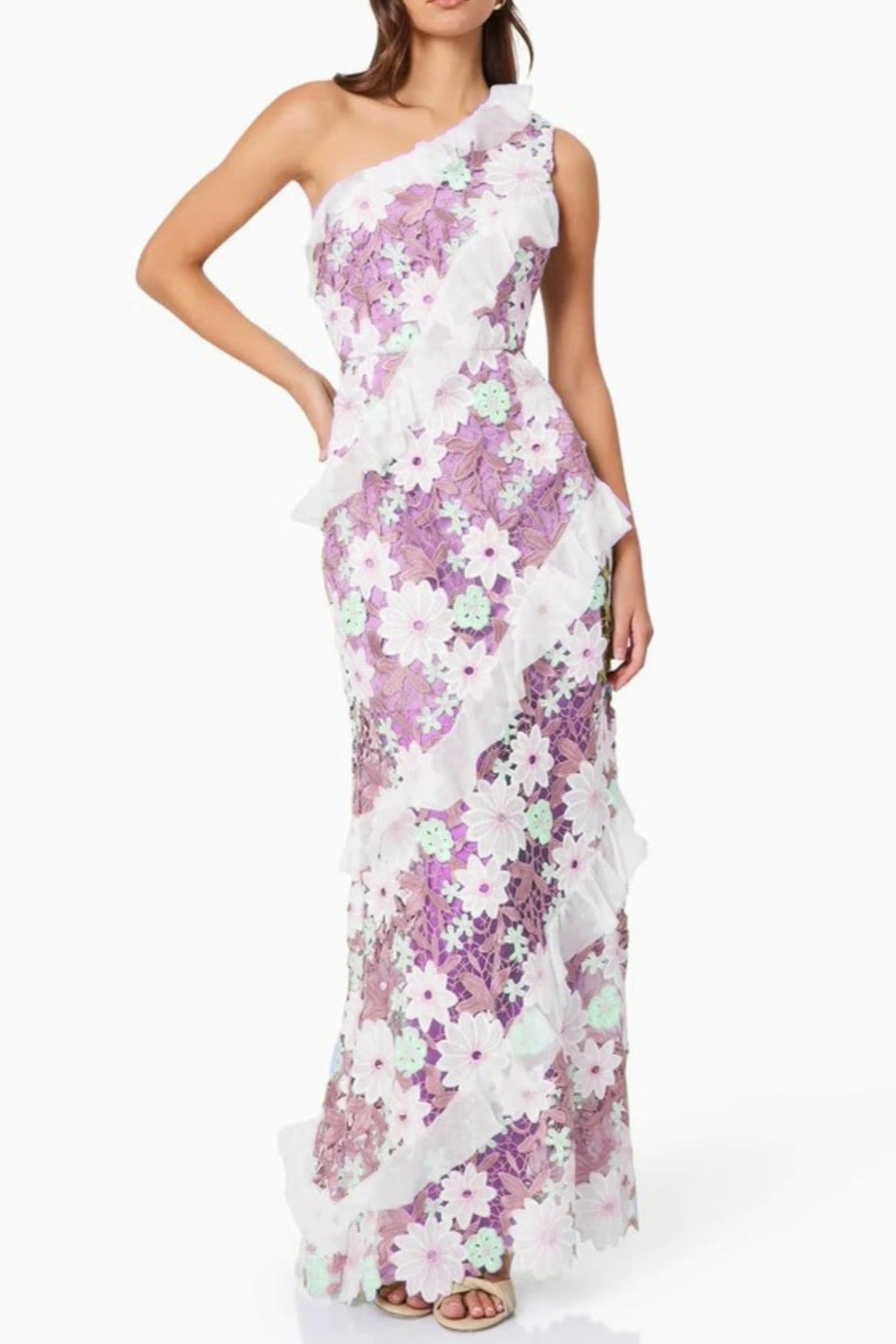 PURPLE FLORAL ONE SHOULDER LACE MAXI DRESS