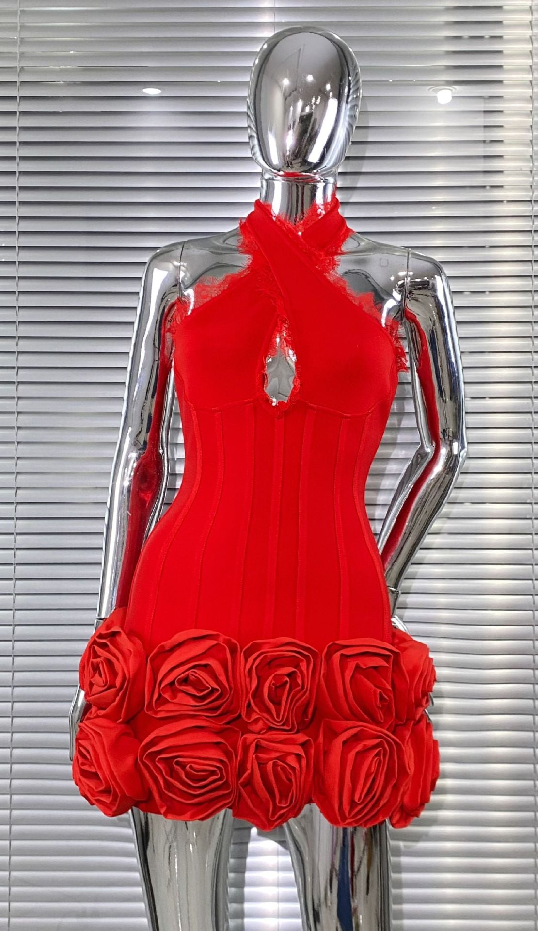 RED HALTER BANDAGE MINI DRESS FOR PARTY