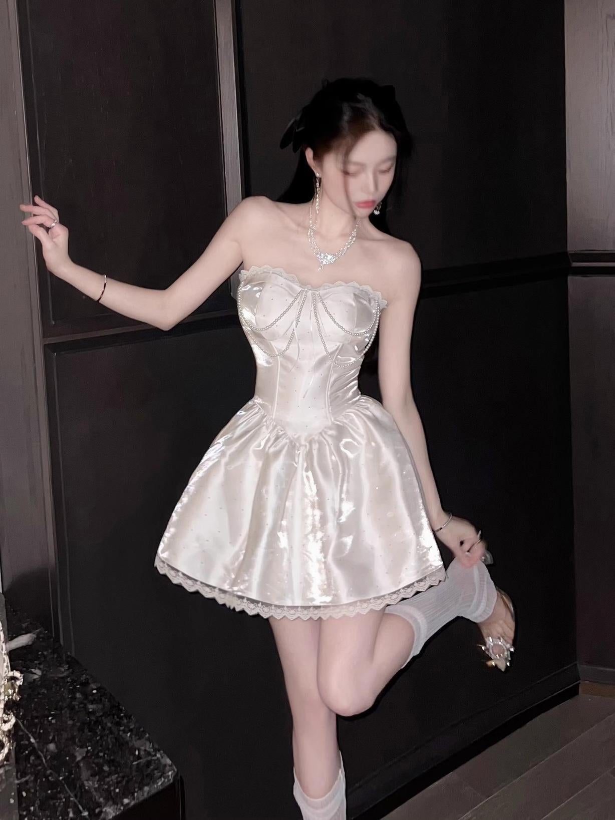 ADELE SWEETHEART A-LINE STRAPLESS SATIN MINI DRESS