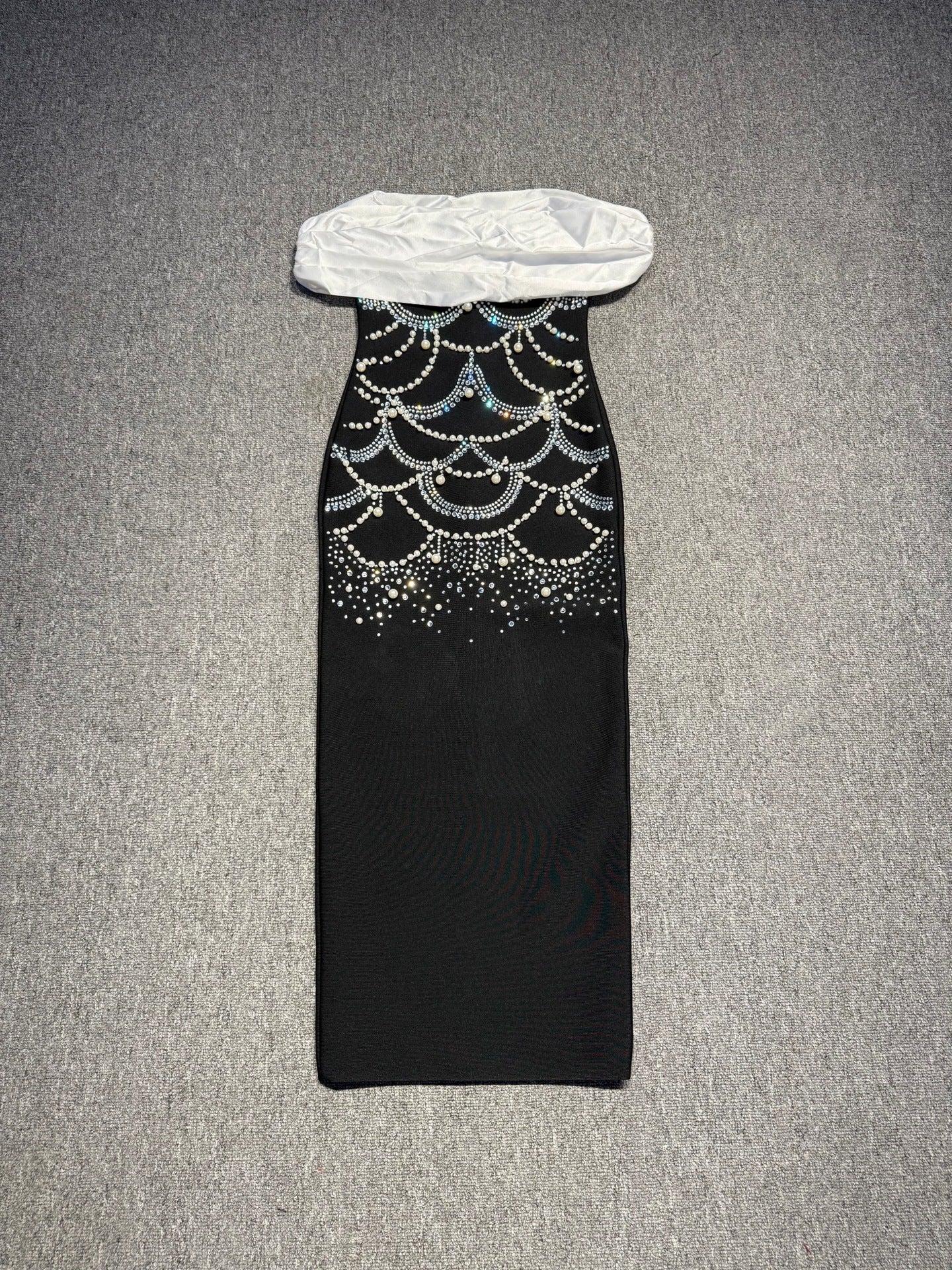 TERESA BEADED RHINESTONE STRAPLESS MIDI DRESS BLACK