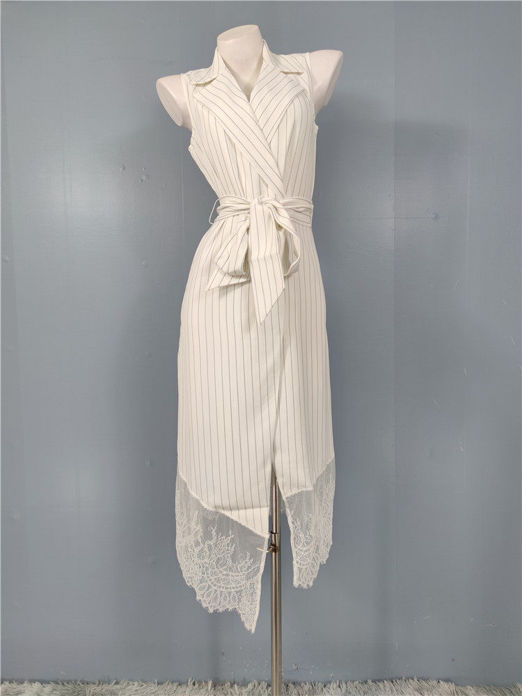 SLEEVELESS STRIPED BLAZER MIDI DRESS WITH LACE TRIM