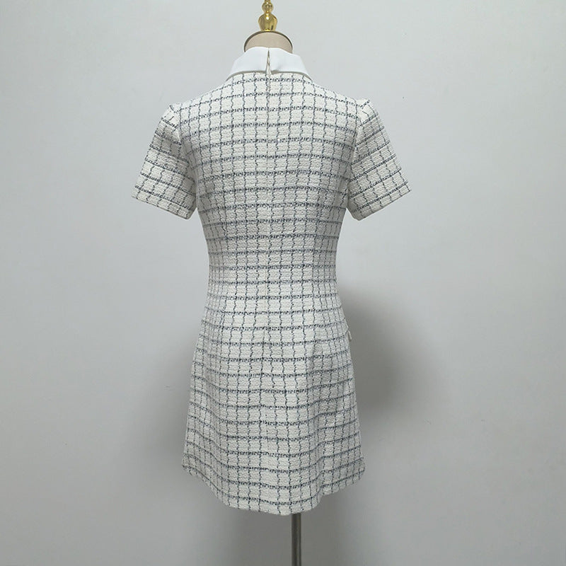 WHITE DECORATIVE BUTTON CHECK MINI DRESS FOR PARTY